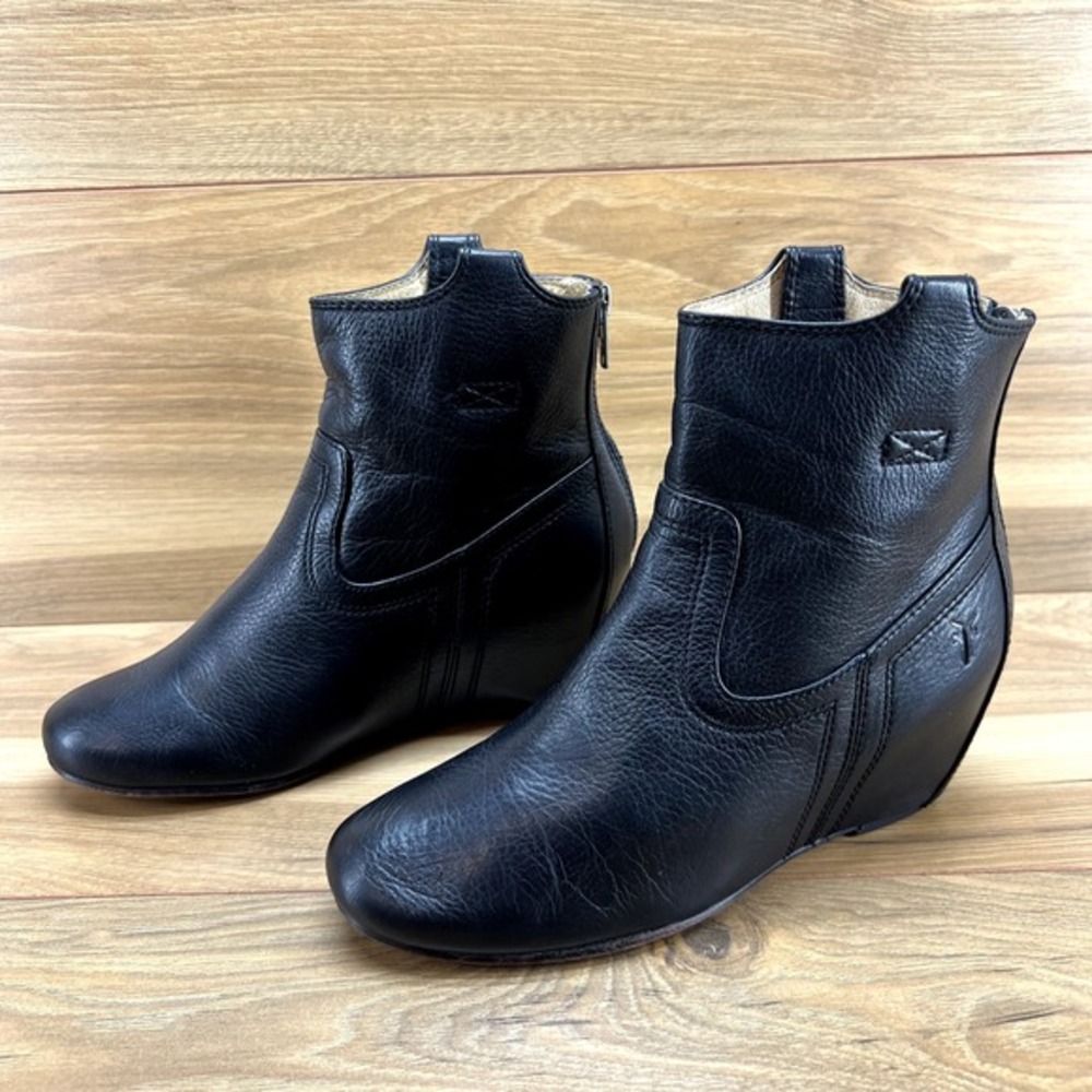 Frye‎ Womens Boots 6 M Carson Hidden Wedge Black Leather Bootie Zip